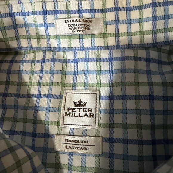 Peter Millar Shirt Mens XL Nanoluxe Blue Green White Plaid Cotton Dress - Picture 3 of 6